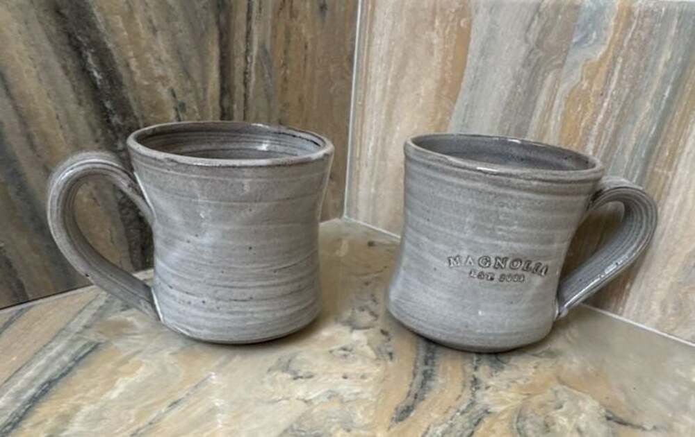 Magnolia Est 2003 Black Oak Art Stoneware Hand-Thrown Coffee Mug Grey Set of 2